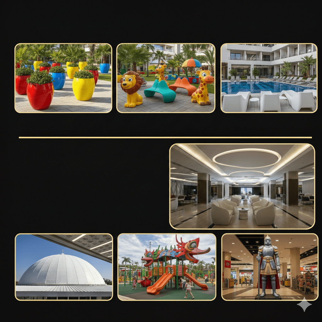 Antalya cami kubbesi, dekoratif fiberglass tavan sistemleri ve özel üretim heykeller.