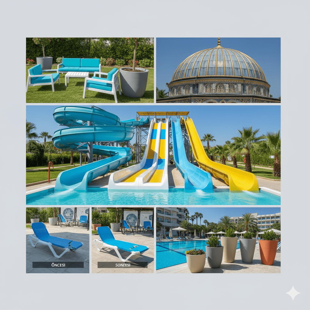 Antalya otel ekipmanları revizyonu, şezlong tamiri ve profesyonel polyester kubbe imalatı kolajı.